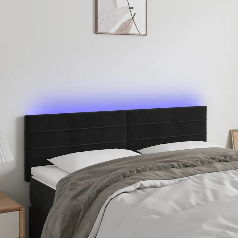 tablie de pat cu led, negru, 144x5x78/88 cm, catifea