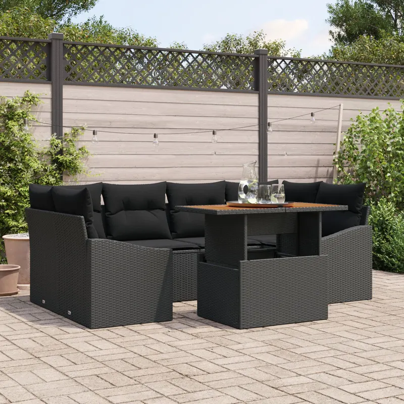 set de canapea de gradina de 7 piese cu perne negru ratan polietilenic