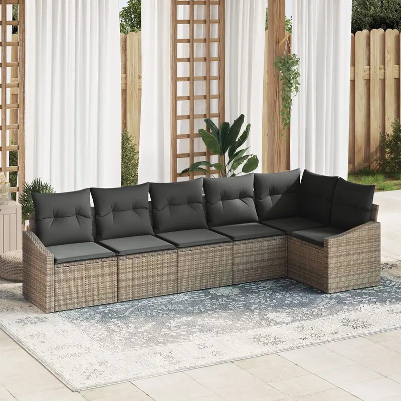 set de masa in gradina cu 6 piese si perne gri ratan poly