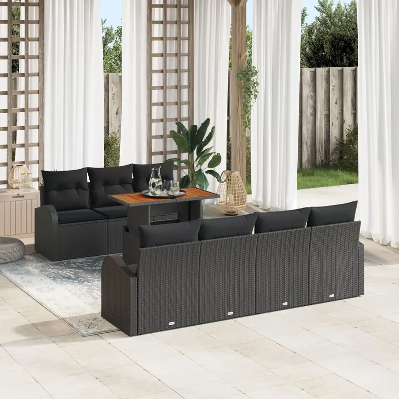 set de mese pentru gradina 8 piese cu perne negru ratan polimeric acacia