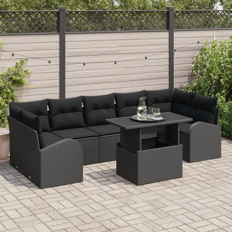 set de 8 piese de canapea de gradina cu pernute poliratan negru