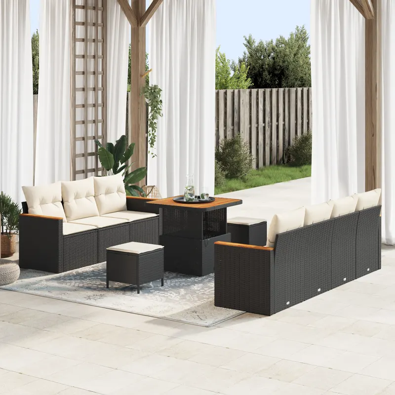 set canapea gradina 10 piese cu perne, ratan poli negru acacia