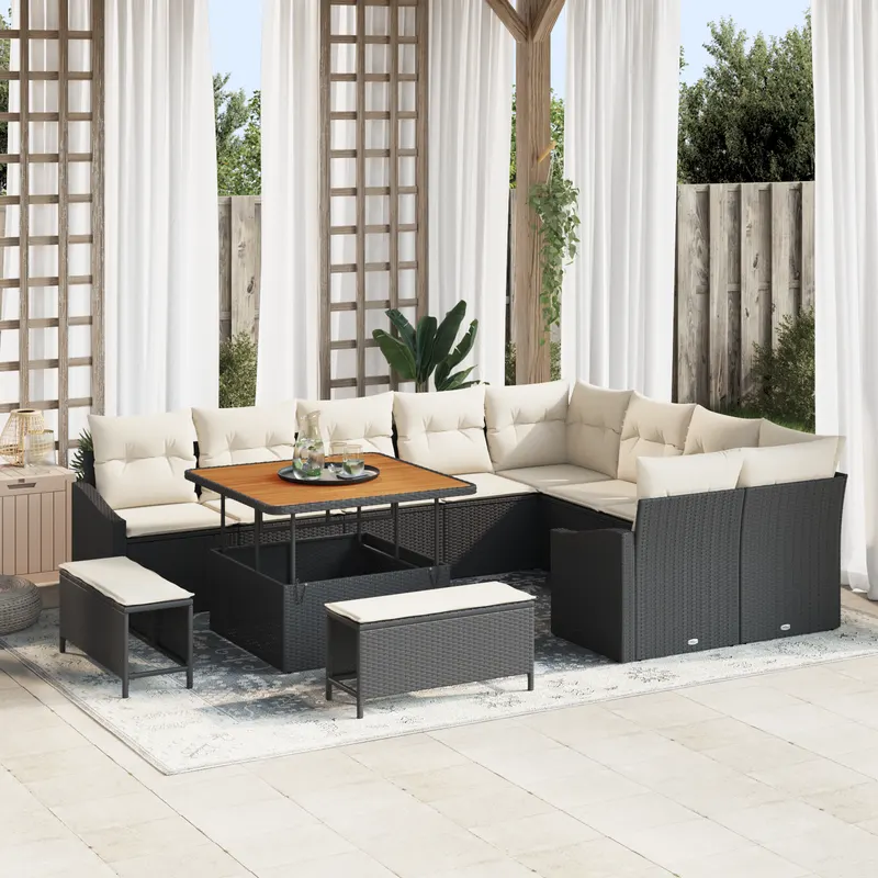 Set canapele gradina 12 piese si perne negru poliratan acacia, set dining gradina 3 piese si perne negru poliratan acacia, canapea de gradina 2 locuri si perne negru poliratan
