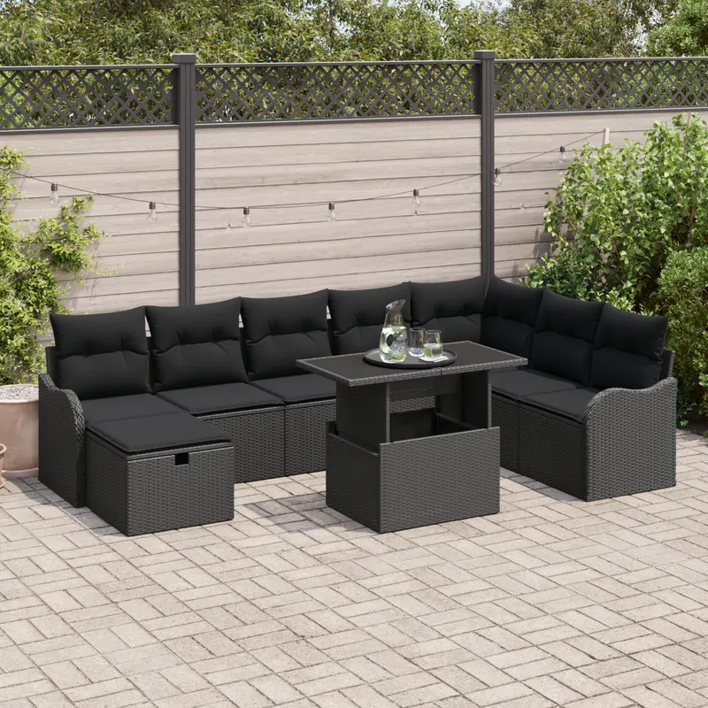 set canapea gradina 9 piese cu perne negru ratan polimer