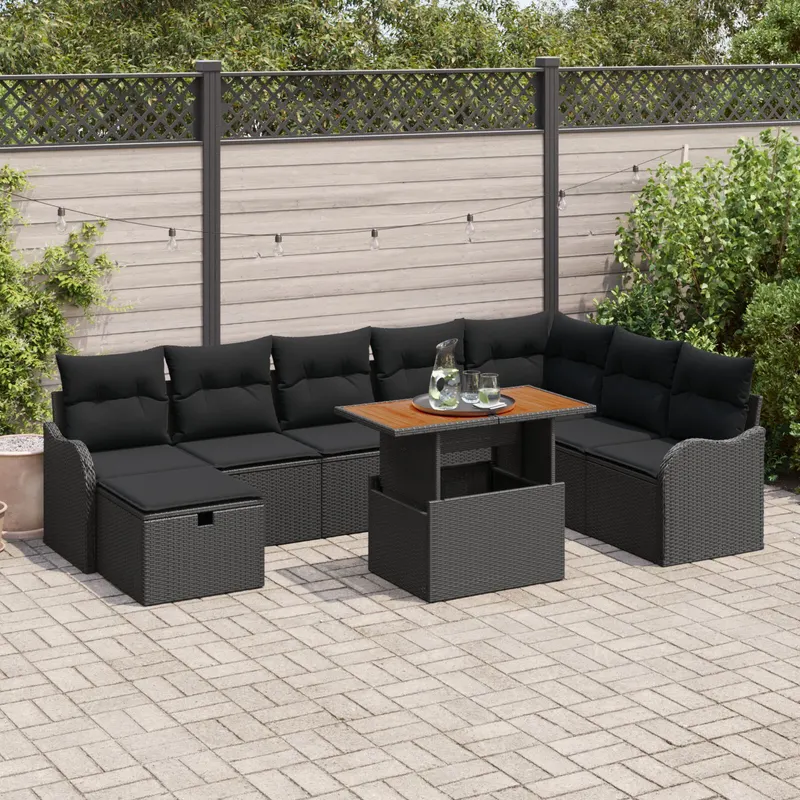 Set de sofa de gradina 9 piese cu perne negru poliratan, sofa de gradina 2 persoane cu perne negru poliratan