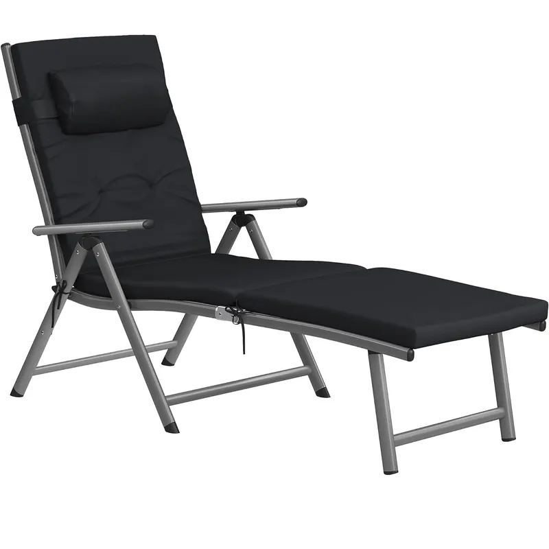 Sezlong pliabil, cu saltea groasa si tetiera, spatar reglabil, maxim 150kg, 183x60x39cm, negru