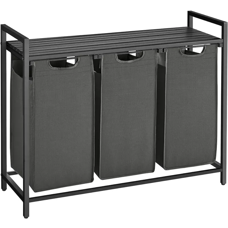 Cos de rufe, 3 compartimente, saci de rufe detasabili, raft, cadru metalic, 3x38L, 93x33x72 cm, negru