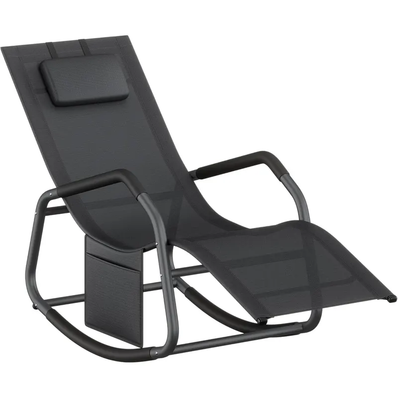 Sezlong balansoar gradina, cu tetiera reglabila si buzunar lateral, cadru otel, maxim 150 kg, 151x56x97 cm, negru