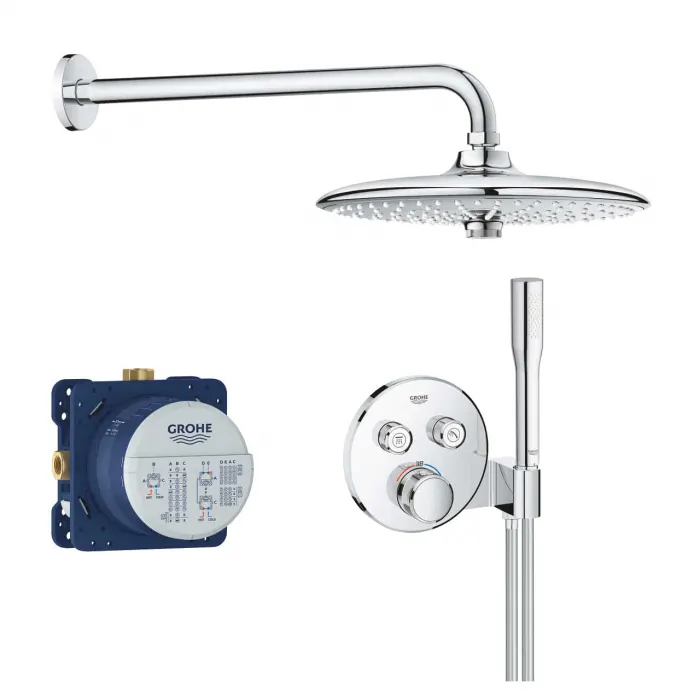 Set dus incastrat crom lucios cu baterie termostatata, palarie rotunda, Grohe Grohtherm SmartControl