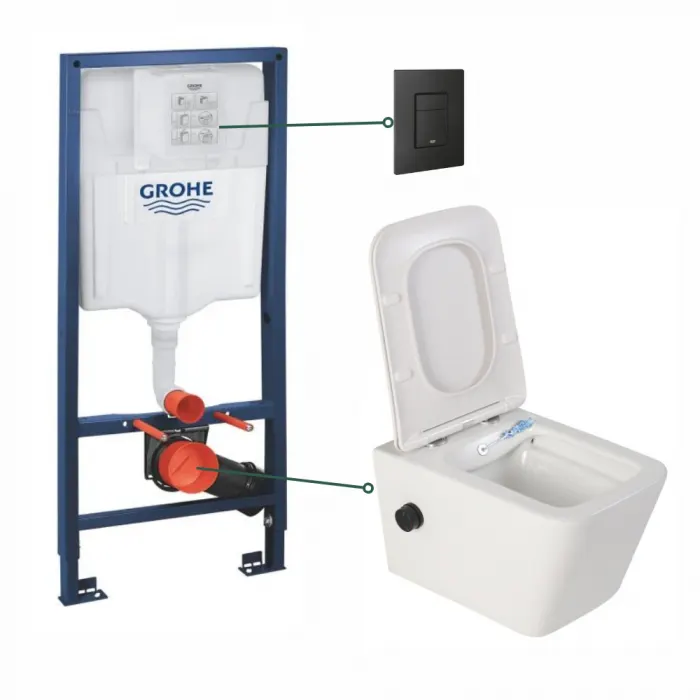 Set vas wc suspendat cu functie bideu alb si baterie inclusa negru mat Safari, rezervor Grohe Solido 3 in 1 cu clapeta neagru mat Even