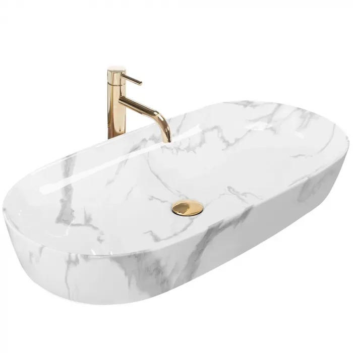 Lavoar oval Rea Cleo, aspect de marmura cu finisaj lucios, 81 x 41 cm