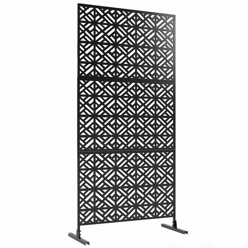 Outsunny Panou despărțitor decorativ pentru intimitate exterior Claustra decorativă pentru grădină 3 panouri cu model geometric Oțel 92x40x192cm Negru