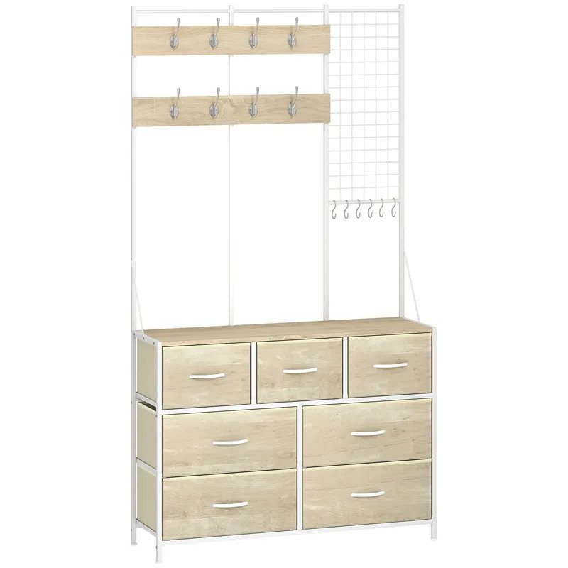 HOMCOM Cuier 4-în-1, Mobilier de Intrare cu 7 Sertare Pliabile din Material Textil, 14 Cârlige și Panou Grilaj, Stejar