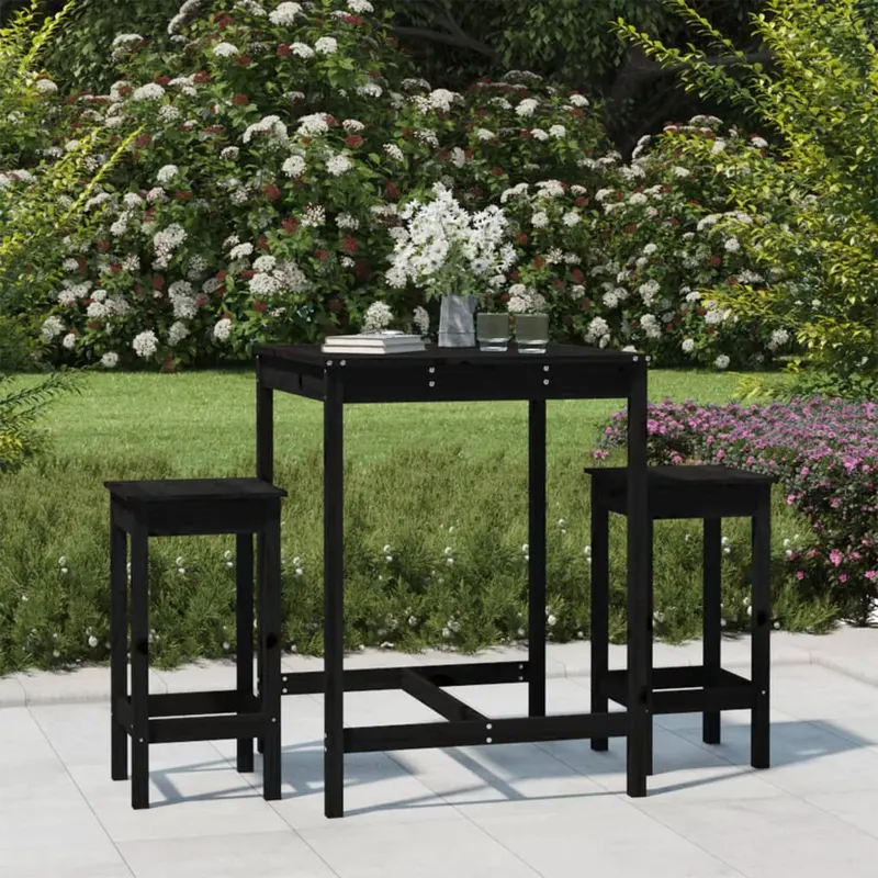 set bar de gradina, 3 piese, negru, lemn masiv de pin