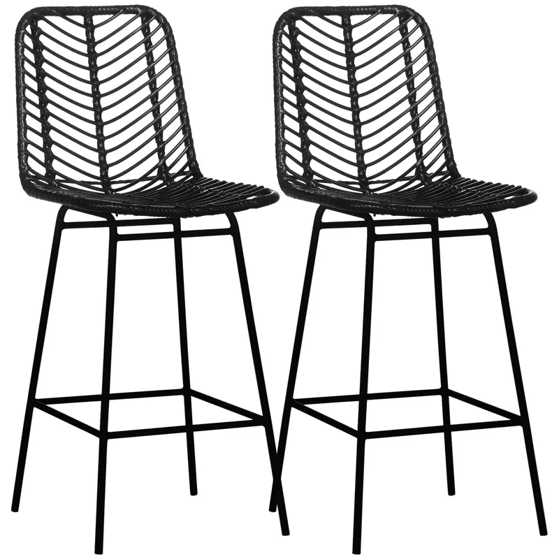 HOMCOM Set de 2 taburete de bar design boem înălțime 66 cm cu suport picioare metalic și ratan PE - negru