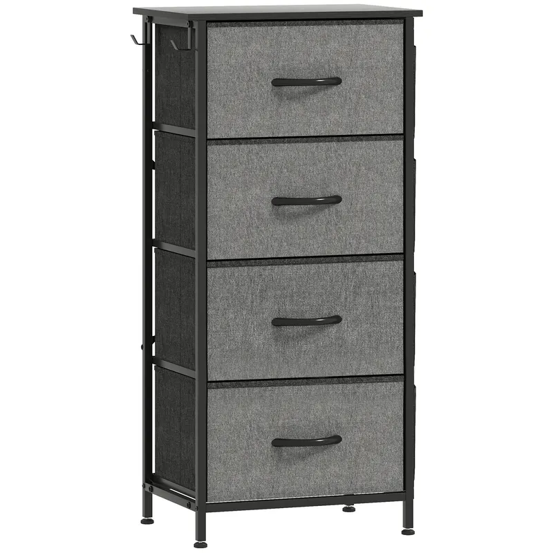 HOMCOM Comodă 4 sertare din material textil, mobilier de depozitare cu 4 buzunare, 2 cârlige, structură din oțel, 45 x 30 x 94,5 cm, gri