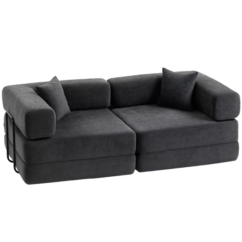 HOMCOM Canapea extensibilă 2 locuri pliabilă din chenille, cu 2 perne, brațe late, fără montaj, gri închis