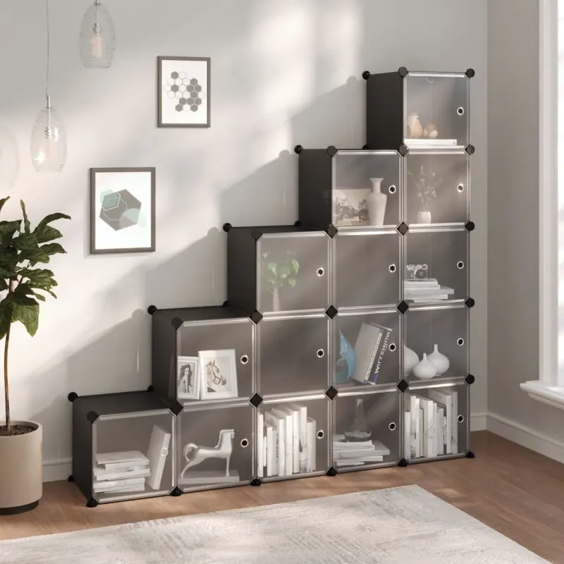 organizator cub de depozitare cu usi, 15 cuburi, negru, pp