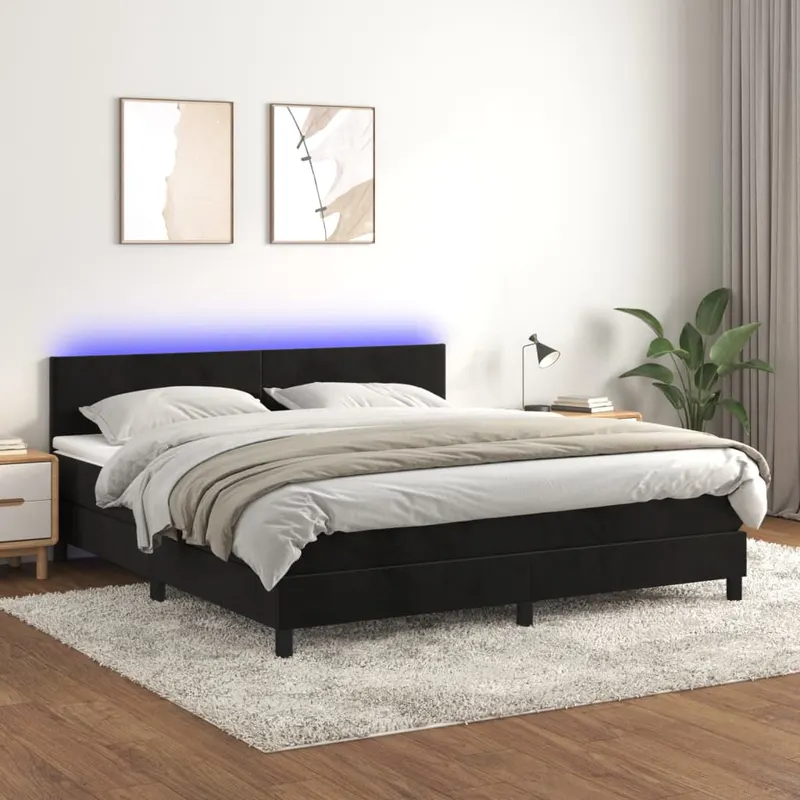 pat cu arcuri, saltea si led, negru, 160x200 cm, catifea