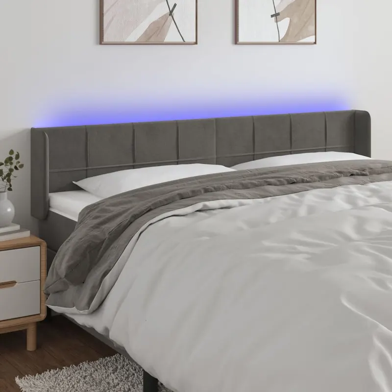 tablie de pat cu led, gri inchis, 163x16x78/88 cm, catifea