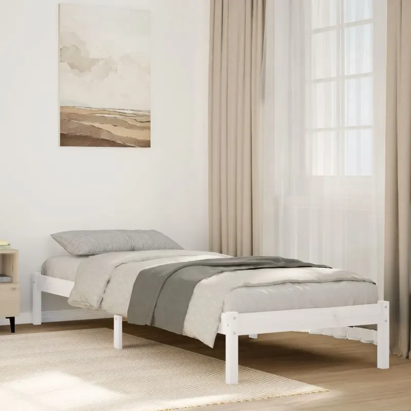 cadru pat foarte lung fara saltea alb 100x220 cm lemn masiv pin