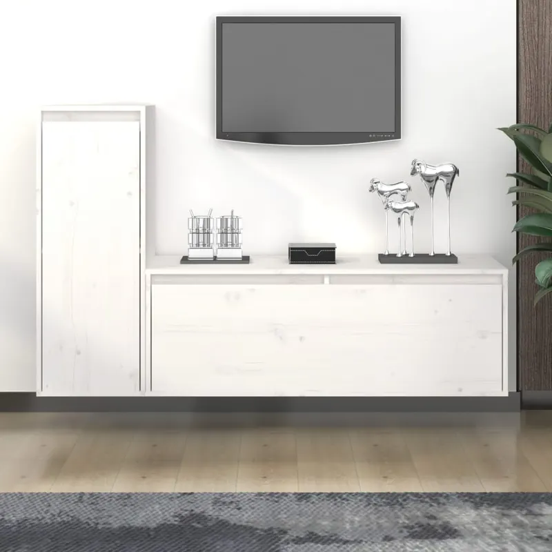 comode tv, 2 buc., alb, lemn masiv de pin