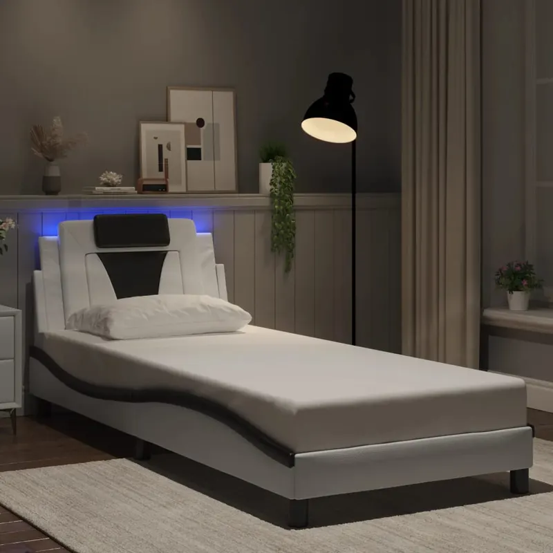 cadru de pat cu lumini led alb/negru 90x190 cm piele ecologica