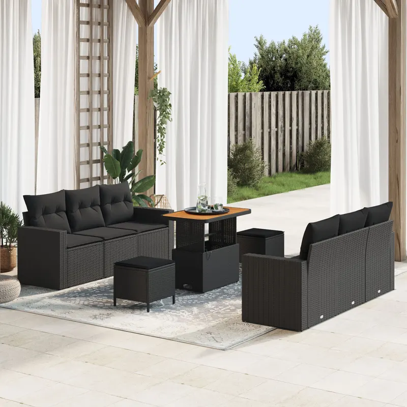 Set de sofa pentru gradina cu 9 piese cu perne negru poli ratan acacia, set de dining pentru gradina cu 3 piese cu perne negru poli ratan acacia