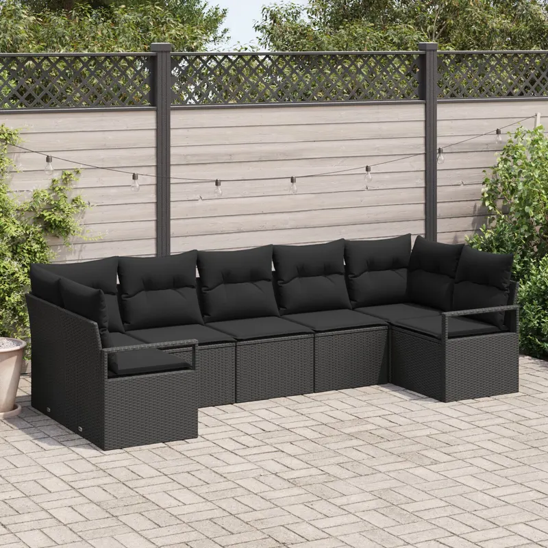 set de canapea de gradina de 7 piese cu pernite negru poli ratan, canapea de gradina cu 2 locuri cu spatiu de depozitare & pernite negru poli ratan