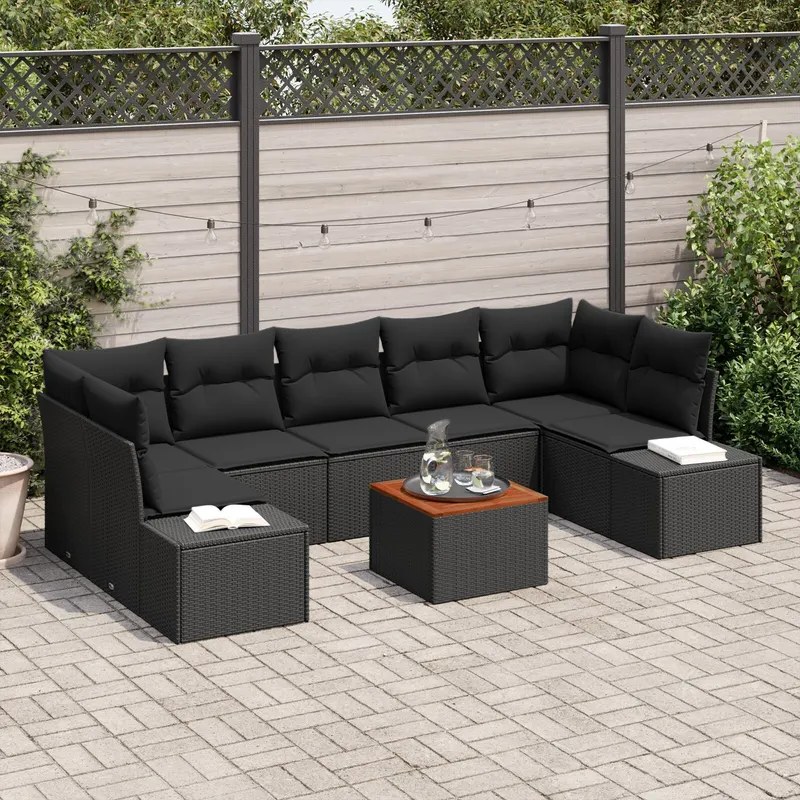 set de canapea de gradina cu 8 piese cu perne negru din ratan poli si acacia