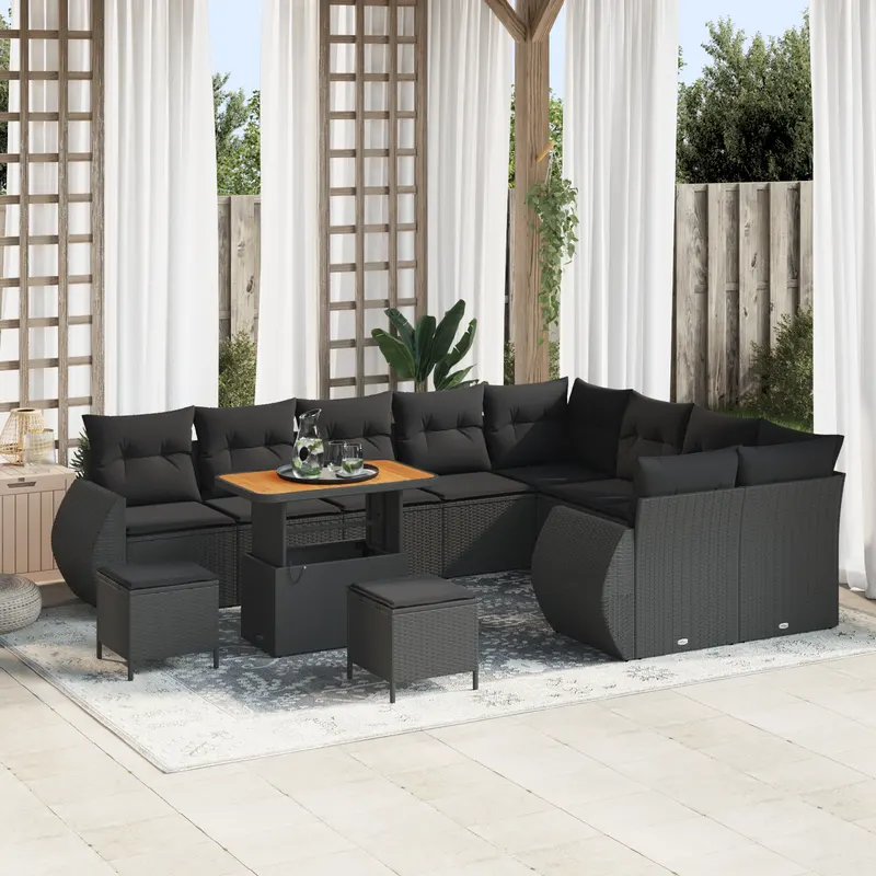 set de 12 piese pentru gradina cu perne negru poliratan acacia