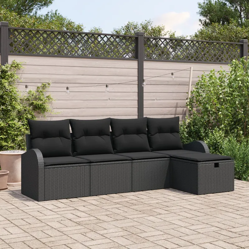 set canapea gradina cu 5 piese si perne, negru, poliratan
