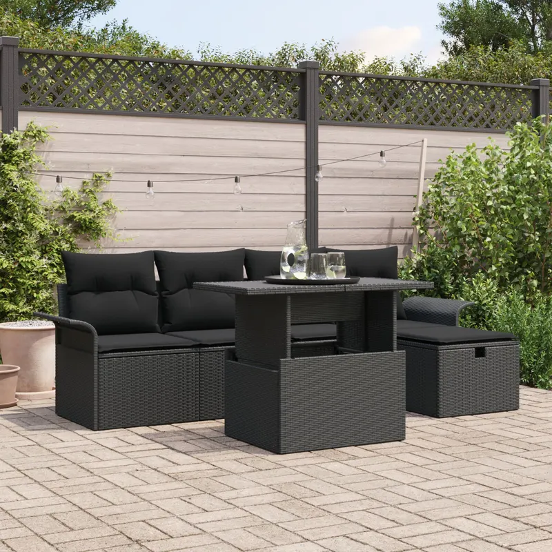 Set de sofa de gradina cu 6 piese si perne negre din poliratan, sofa de gradina cu 2 locuri cu depozitare si perne negre din poliratan