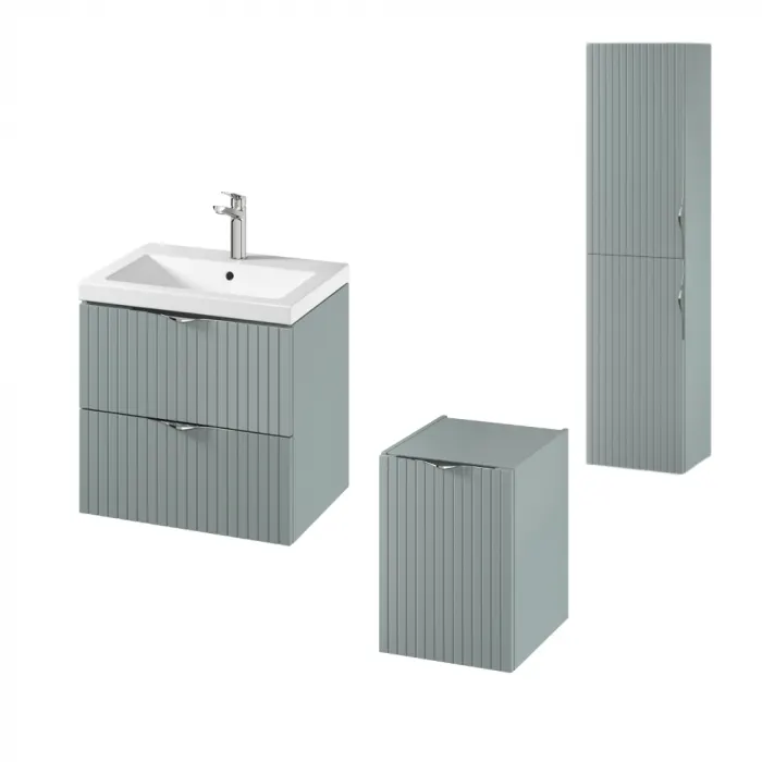 Set dulap baie suspendat 2 sertare si lavoar inclus 60 cm, dulap baie suspendat si dulap baie tip coloana, culoare fiord mat, MDF, Cersanit Tirso