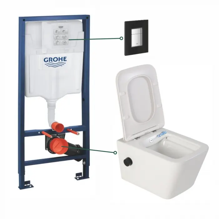 Set vas wc suspendat cu functie bideu alb si baterie inclusa negru mat Safari, rezervor wc si clapeta neagra din sticla, Grohe