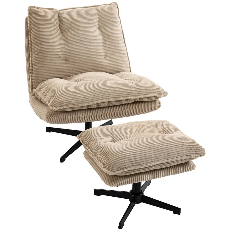 HOMCOM Fotoliu lounge cu taburet, rotativ 360°, tapițerie cord, suport pentru picioare reglabil pe înălțime, bej