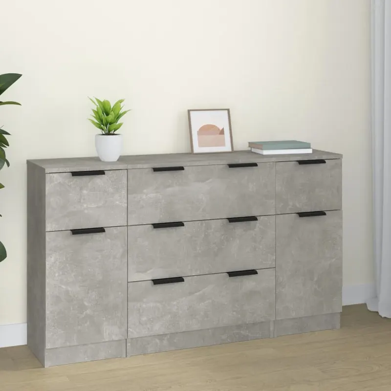set servanta, 3 piese, gri beton, lemn prelucrat