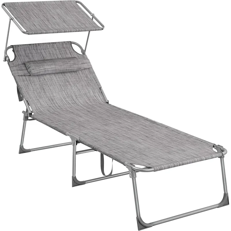 Sezlong pliabil, cu parasolar si tetiera, spatar reglabil in 4 pozitii, maxim 150kg, 200x71x38 cm, gri