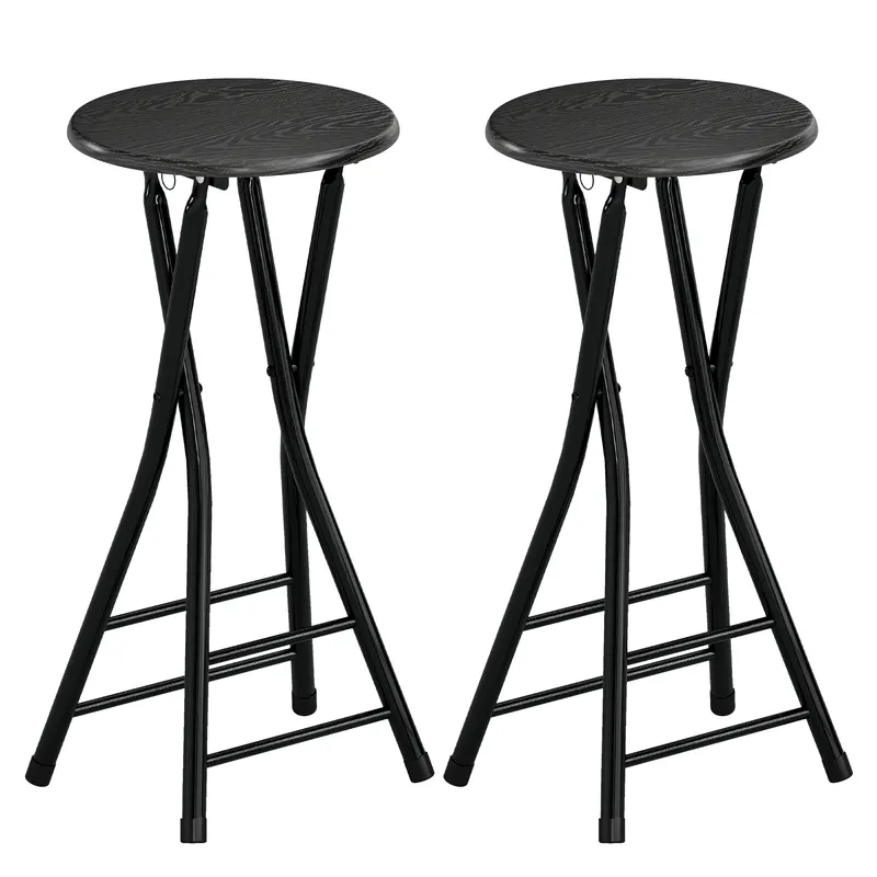 HOMCOM Set de 2 Taburete de Bar Pliabile, Taburete Rotunde cu Două Suporturi pentru Picioare, Cadru din Oțel, Negru