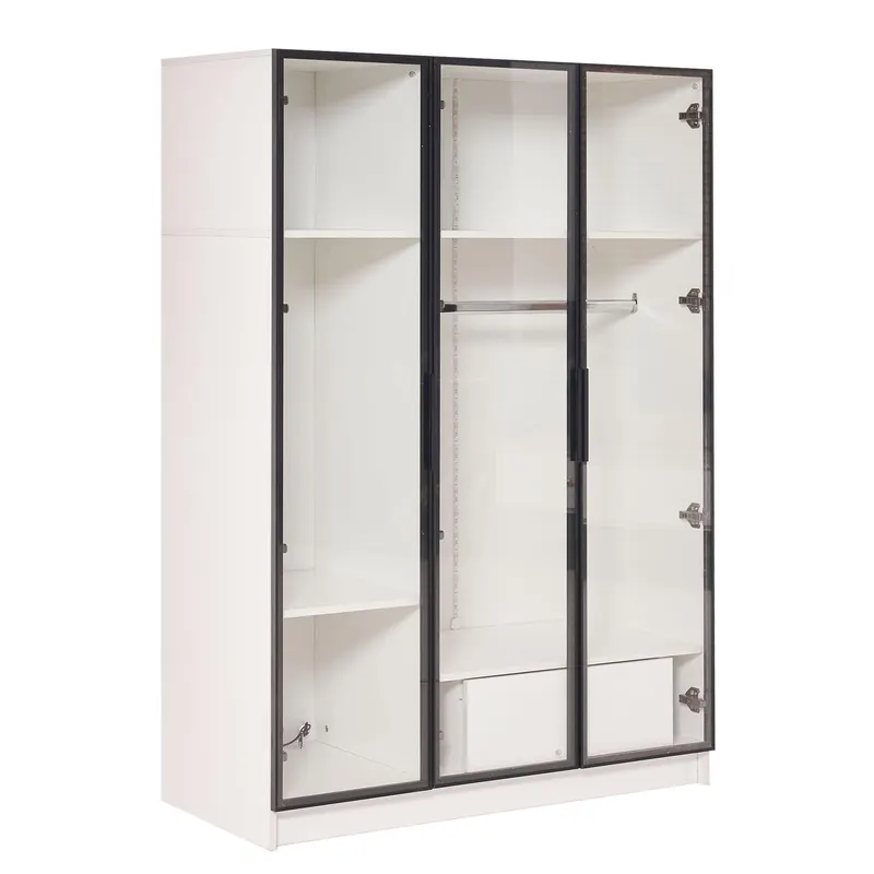Dulap Spațios cu 3 Uși din Sticlă, 1 Sertar și 1 Bară pentru Umerașe, Iluminare LED Integrată, 110x50x160 cm, Alb