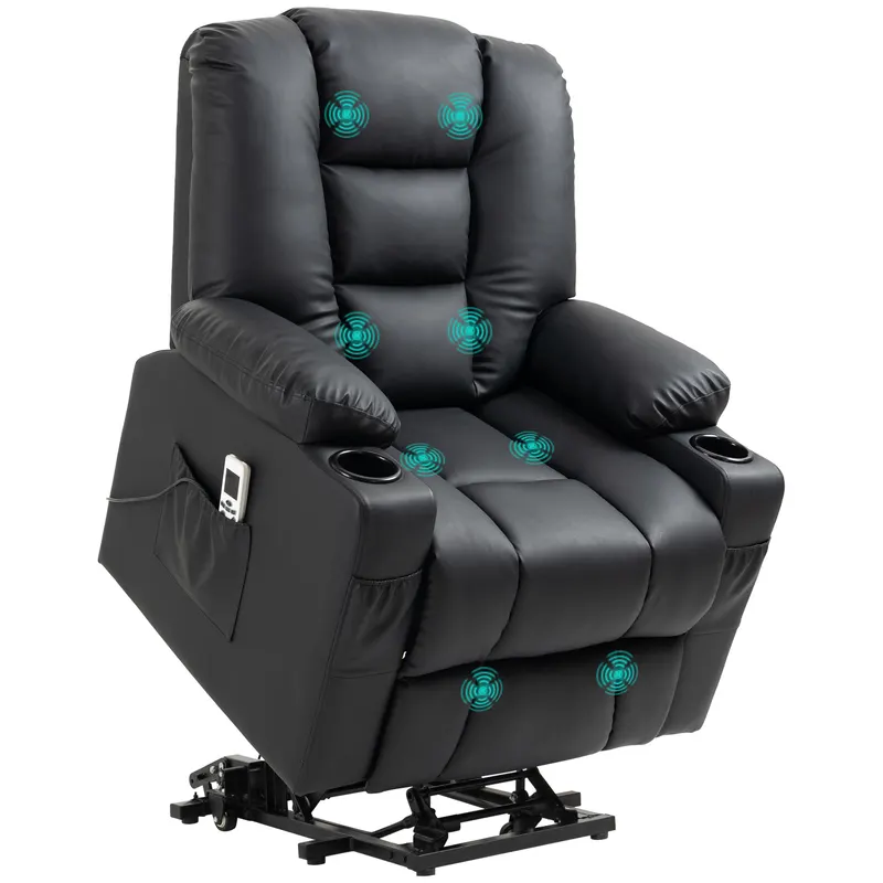 HOMCOM Fotoliu relaxant cu ajutor de ridicare, USB, functie de masaj, piele ecologica, pana la 150 kg, 90x98x102 cm, Negru