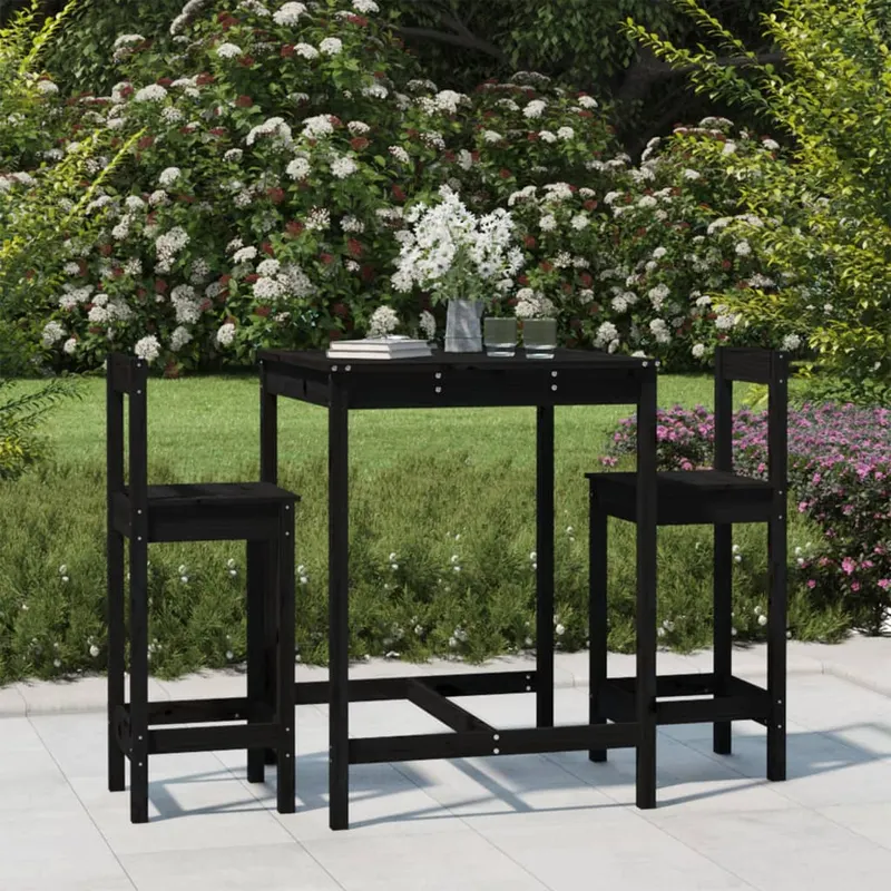 set bar de gradina, 3 piese, negru, lemn masiv de pin