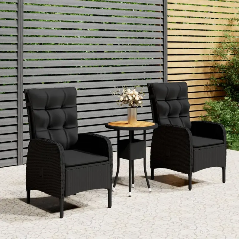 set bistro de gradina, 3 piese, negru, poliratan