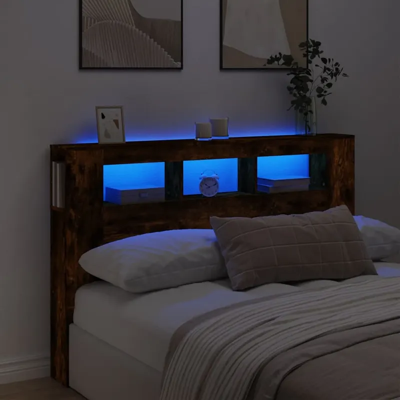 tablie de pat cu led, stejar fumuriu, 160x18,5x103,5 cm, lemn