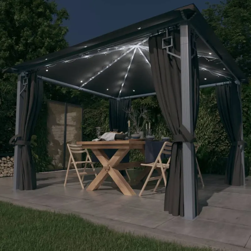 pavilion cu perdele & siruri lumini led antracit 3x3 m aluminiu