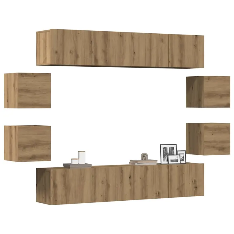 set dulap tv 8 piese montat pe perete stejar artizanal