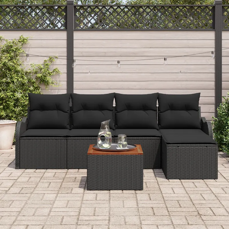 Set canapea gradina 6 piese cu perne ratan polietilenic negru si acacia, set canapea gradina 2 locuri cu depozit si perne ratan polietilenic negru