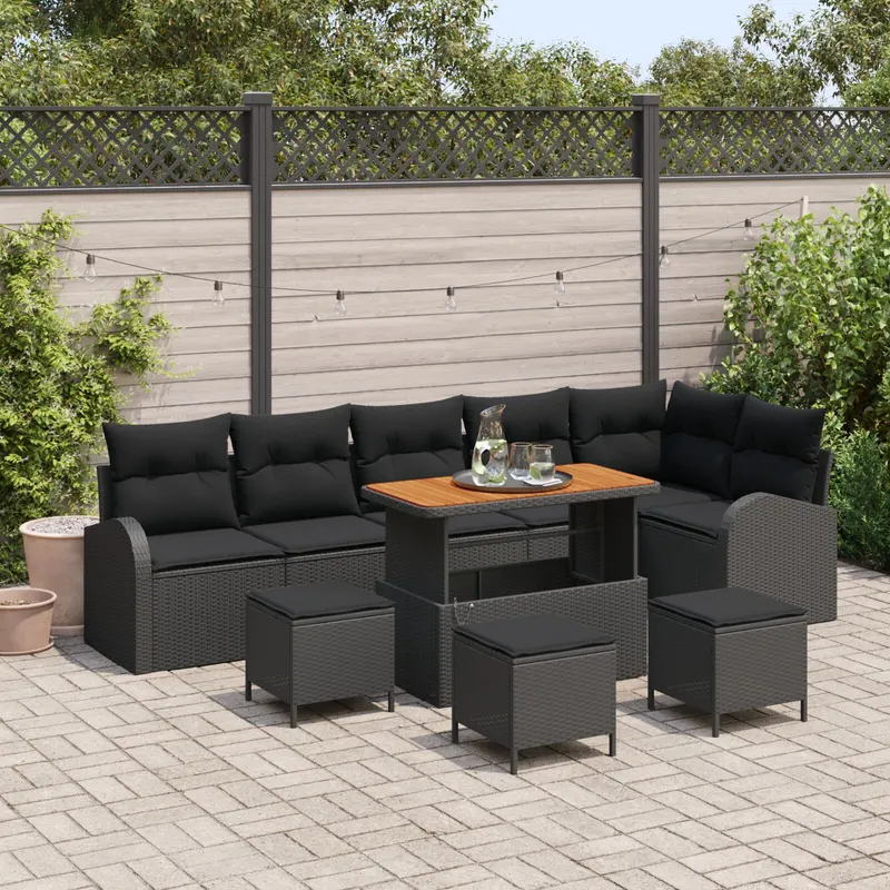 Set canapele gradina 9 piese cu perne negru poliratan acacia, canapea gradina 2 locuri cu perne negru poliratan, set dining gradina 3 piese cu perne negru poliratan acacia