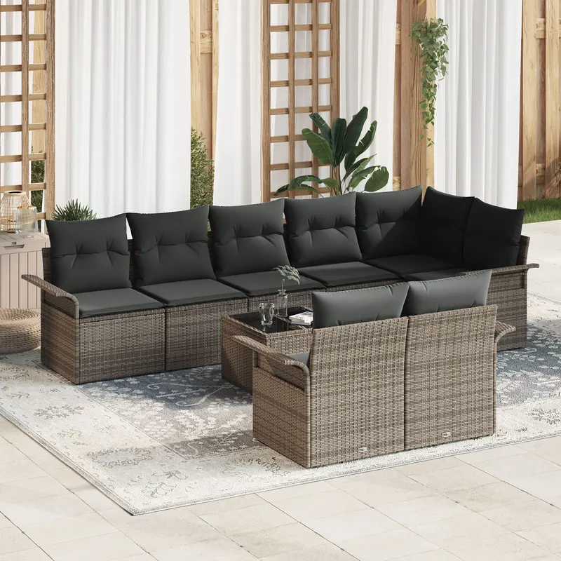 set de canapea de gradina cu 8 piese si perne, negru, din poliratan