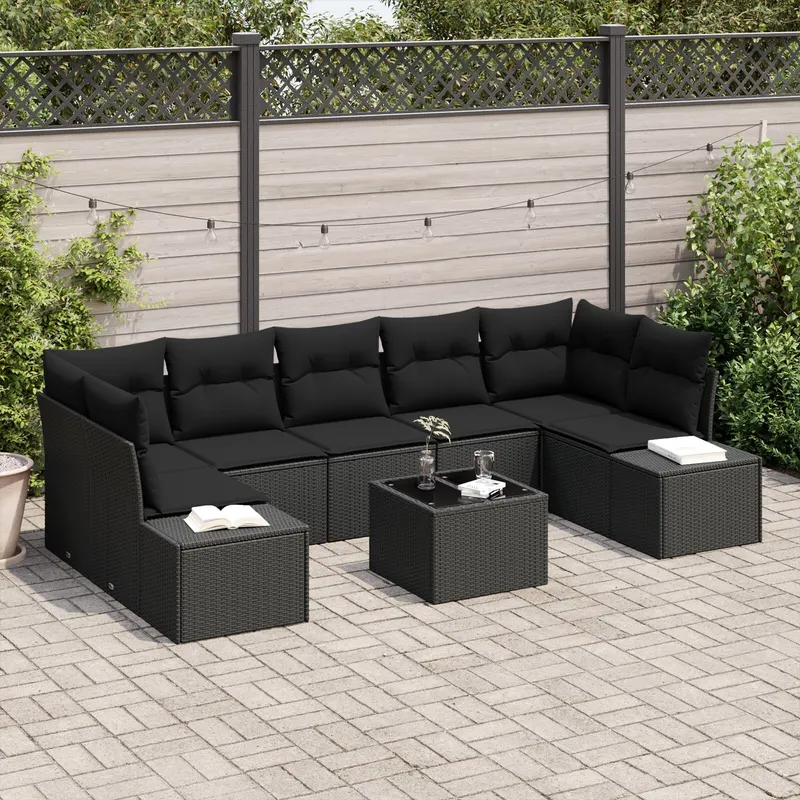 set de 8 piese pentru gradina cu perne negre din poliratan